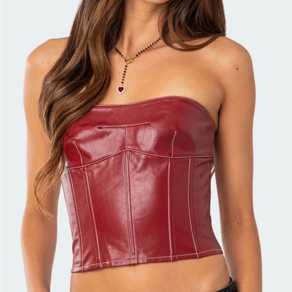 Red Strapless Leather Top